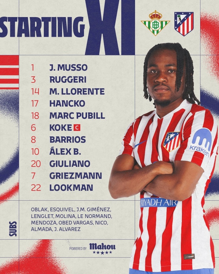 开云移动端-马竞首发:格列兹曼、科克领衔,小蜘蛛替补,新援卢克曼出战